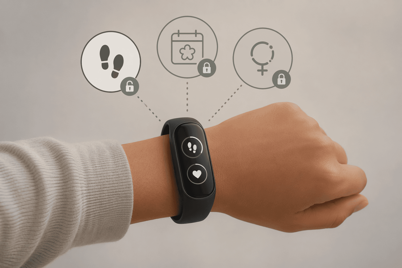 Editorial concept illustration of a wrist wearing a fitness tracker silhouette with floating feature icons — step count and heart rate icons are unlocked, while women's health features (cycle tracking, fertility insights) appear grayed out behind a padlock symbol, representing the subscription paywall practice