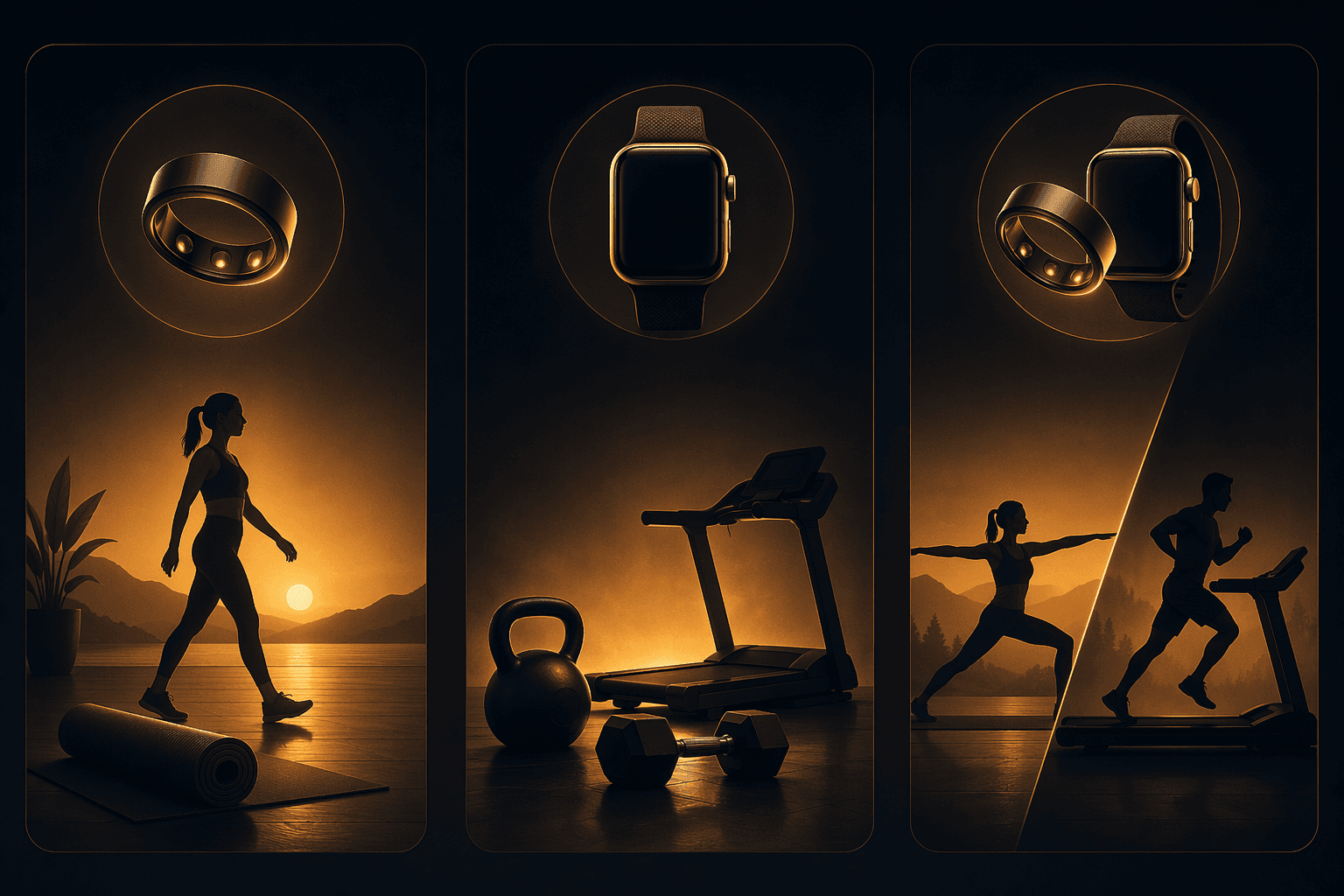 Decision framework showing ring for low intensity, watch for high intensity, and both for combined tracking