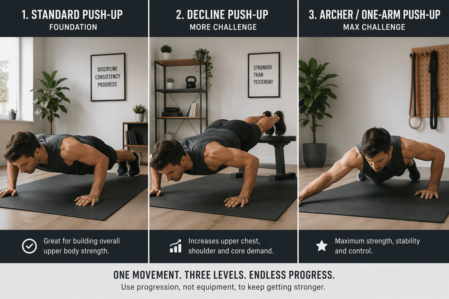 Three progressive push-up variations performed at home: standard, feet-elevated, and archer push-up