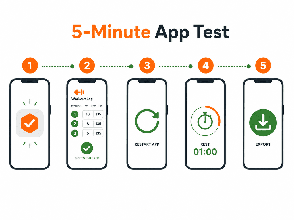 A 5-step editorial illustration showing the process of testing a free workout app: download, log three sets, close and reopen, check the rest timer, and verify data export.