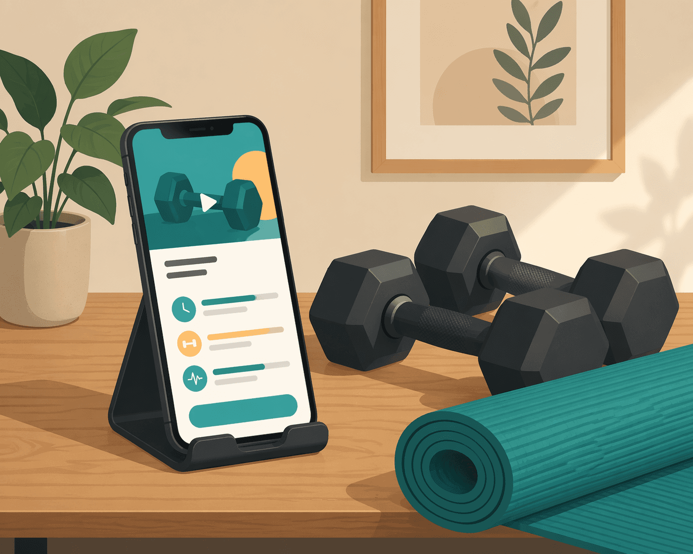 Flat-vector still life showing a smartphone on a stand displaying a workout app screen, beside rubber dumbbells and a rolled yoga mat on a wooden table. Warm neutral tones with teal accent.