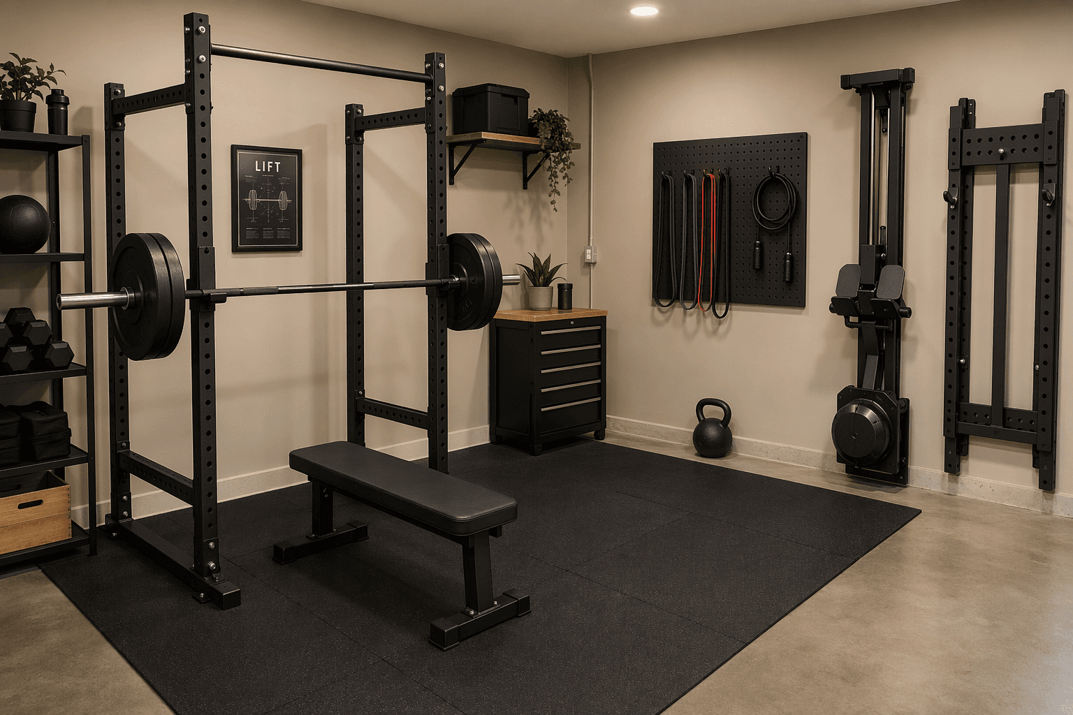 Elevated view of an organized garage gym with a power rack, barbell, bumper plates, flat bench, and rubber stall mats in the foreground, with a kettlebell, jump rope, and resistance bands in the midground, and a rower and folding rack in the background.