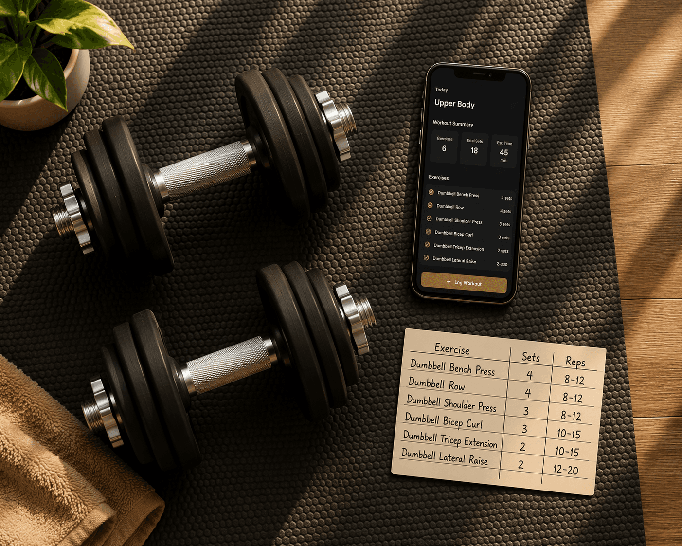 Flat-lay of adjustable dumbbells, a smartphone showing a workout tracking app, and a handwritten workout card on a gym mat.