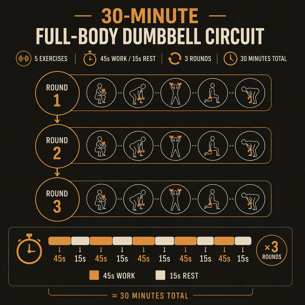 A minimalist editorial infographic showing a 30-minute full-body dumbbell circuit: three round nodes connected by arrows, each containing five small dumbbell icons, with a timeline bar below showing alternating 45-second work and 15-second rest intervals in muted orange and white.