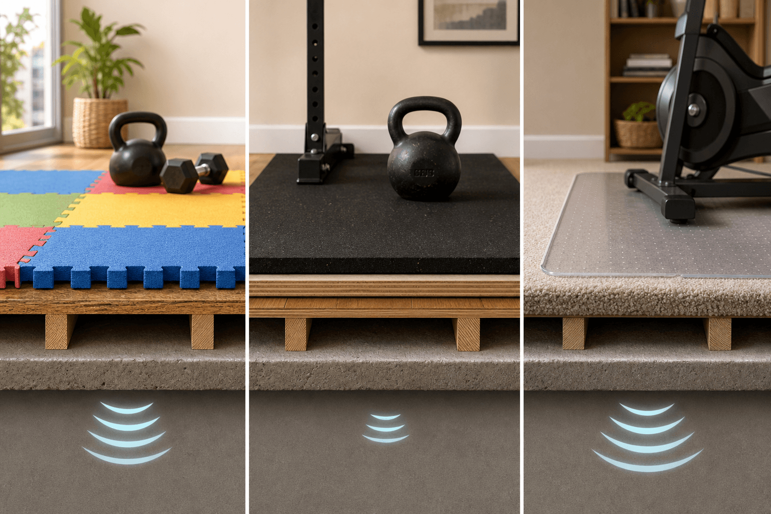 A cross-sectional illustration comparing three apartment floor protection options side by side: interlocking EVA foam puzzle tiles on wood flooring, a thick black rubber stall mat on wood with plywood underlayment, and a thin carpet shield protector on carpet.