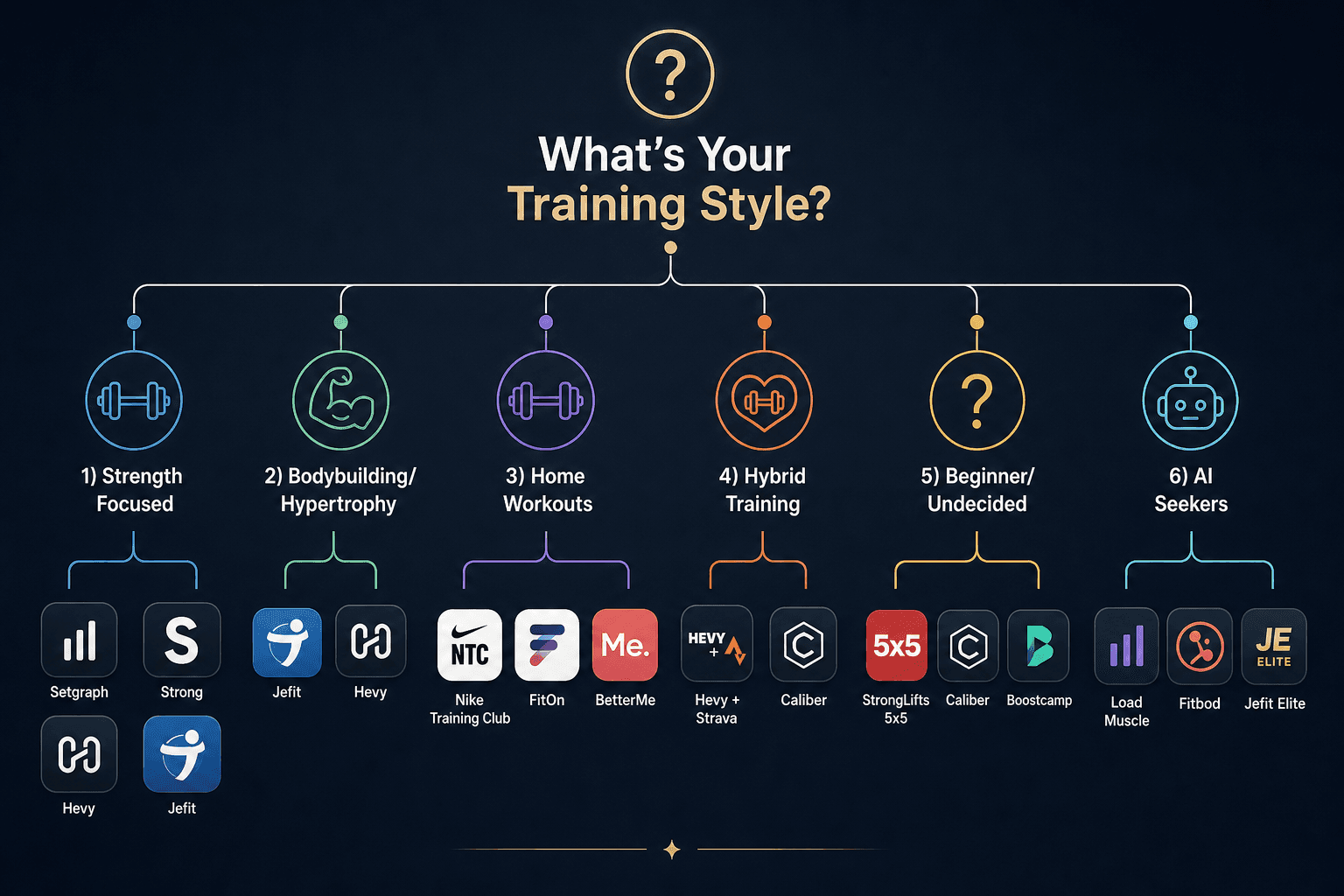Decision tree infographic with 'What's Your Training Style?' at top branching into 6 paths (Strength, Bodybuilding, Home Workouts, Hybrid Training, Beginner, AI Seekers), each leading to app icon badges for the recommended apps.