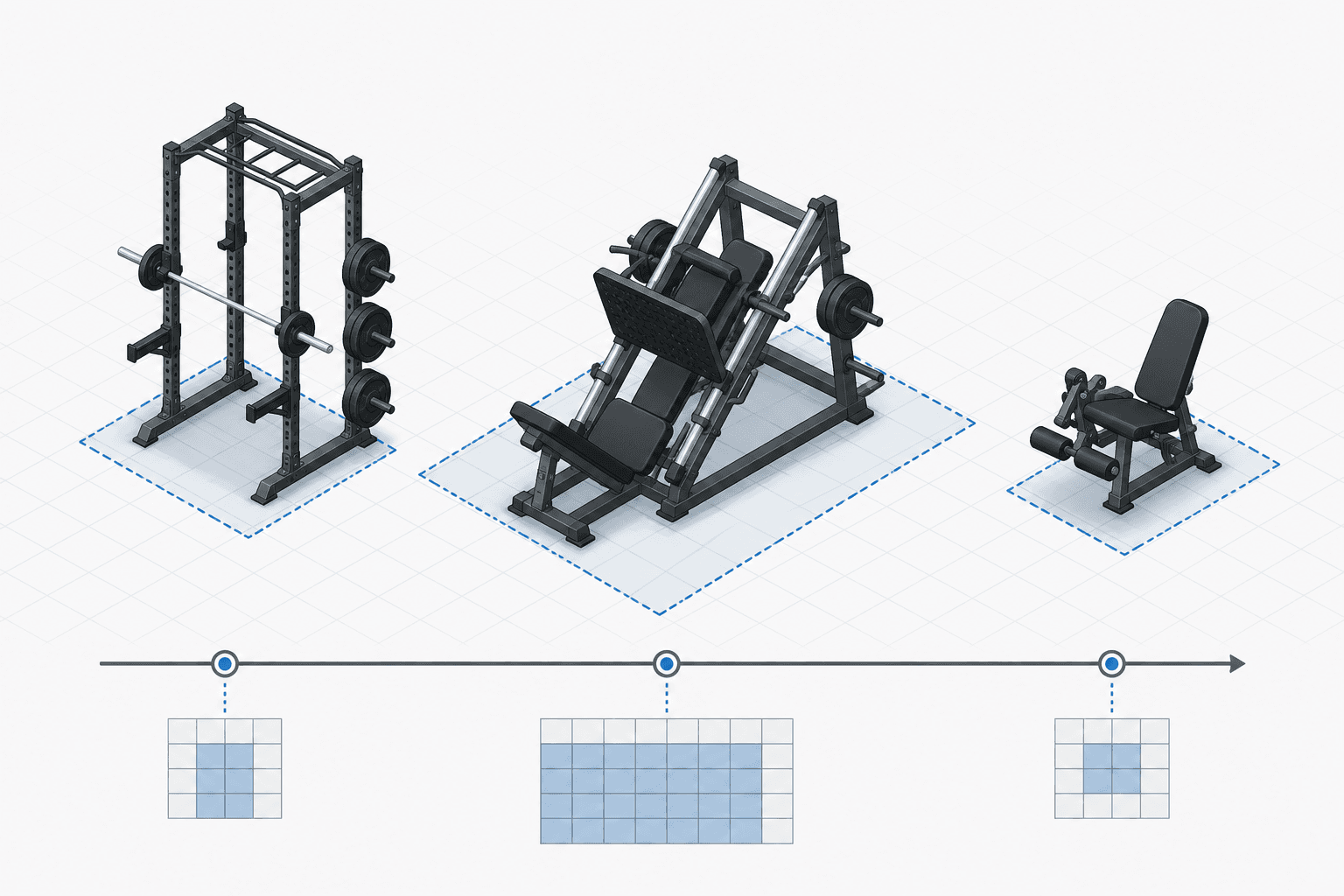 A flat isometric comparison showing three leg equipment silhouettes (compact power cage, larger leg press machine, small extension bench) arranged left to right above a grid floor scale that illustrates their relative floor space footprints