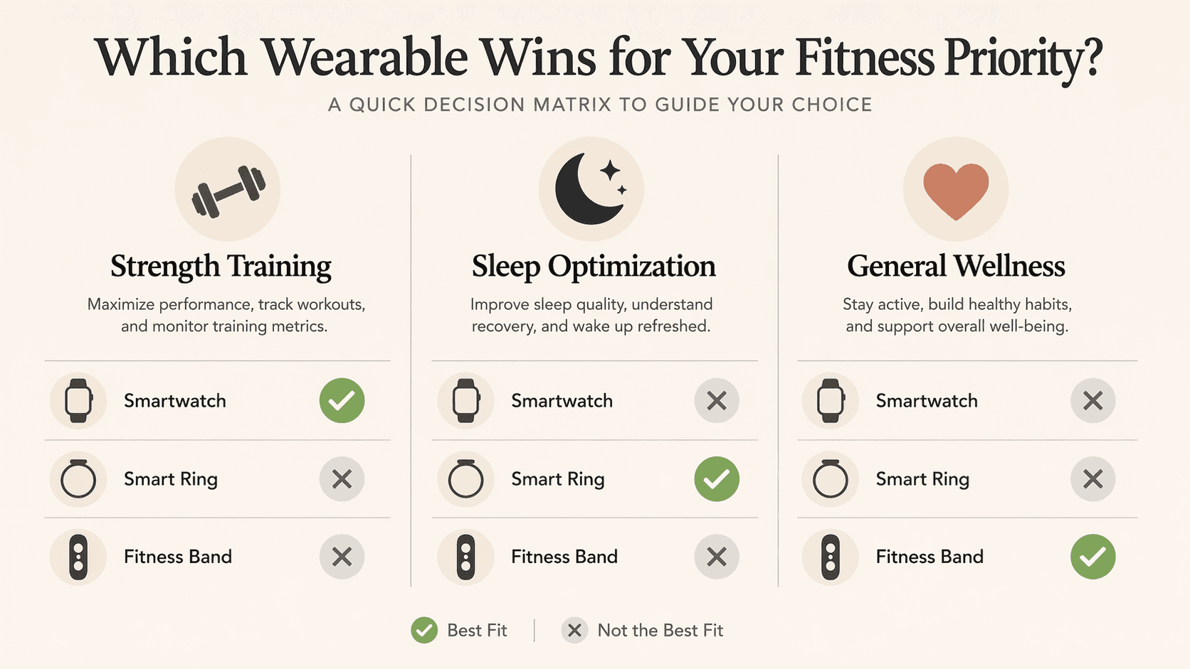 Clean editorial decision matrix with three columns labeled Strength Training, Sleep Optimization, and General Wellness, each with an icon, showing checkmarks under Smartwatch for strength, Smart Ring for sleep, and Fitness Band for wellness, with X marks in the remaining cells.