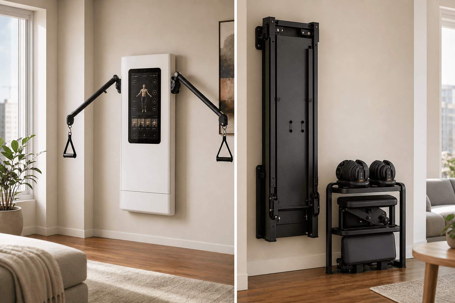 Split-screen comparison of a wall-mounted smart gym on the left and a folded traditional rack with dumbbells and bench on the right, both in a warm apartment corner.