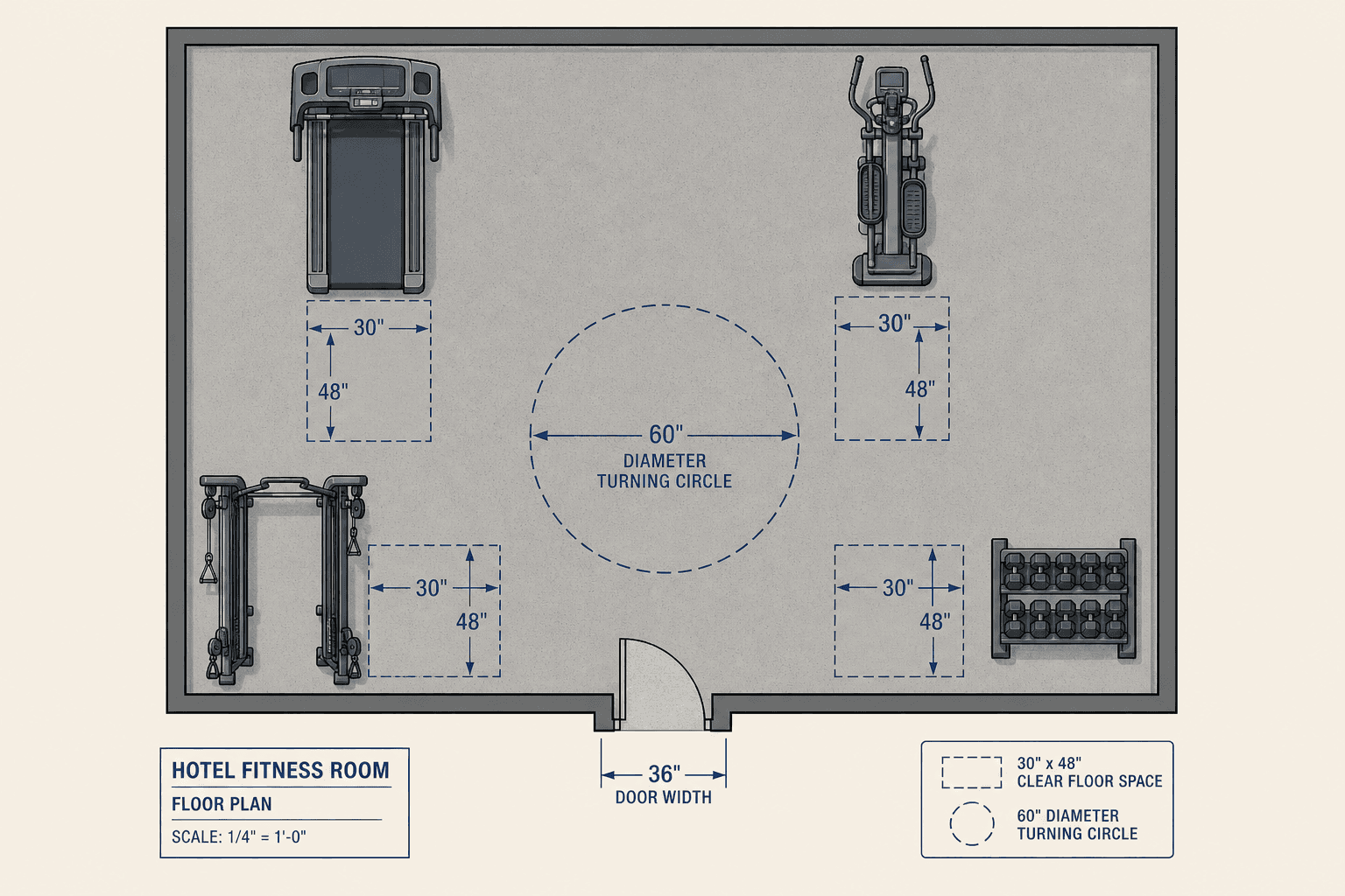 A clean top-down floor plan diagram of a small hotel fitness room showing equipment layout, clear floor space zones, turning diameter, and doorway width.