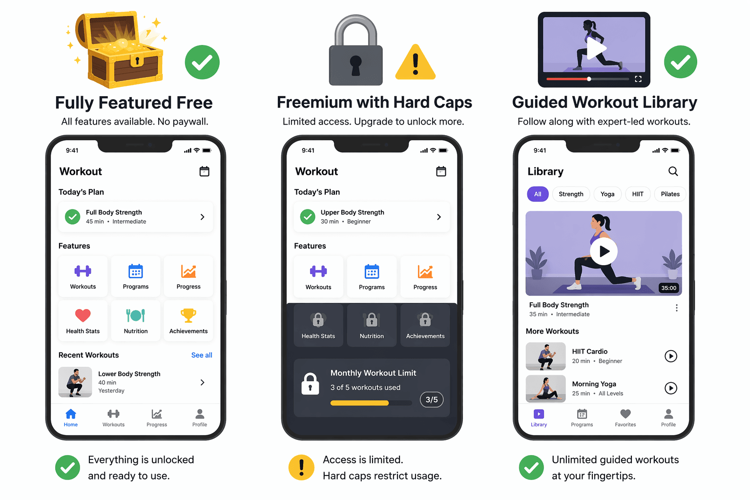 Illustration comparing fully featured free apps, freemium apps with hard caps, and guided workout libraries