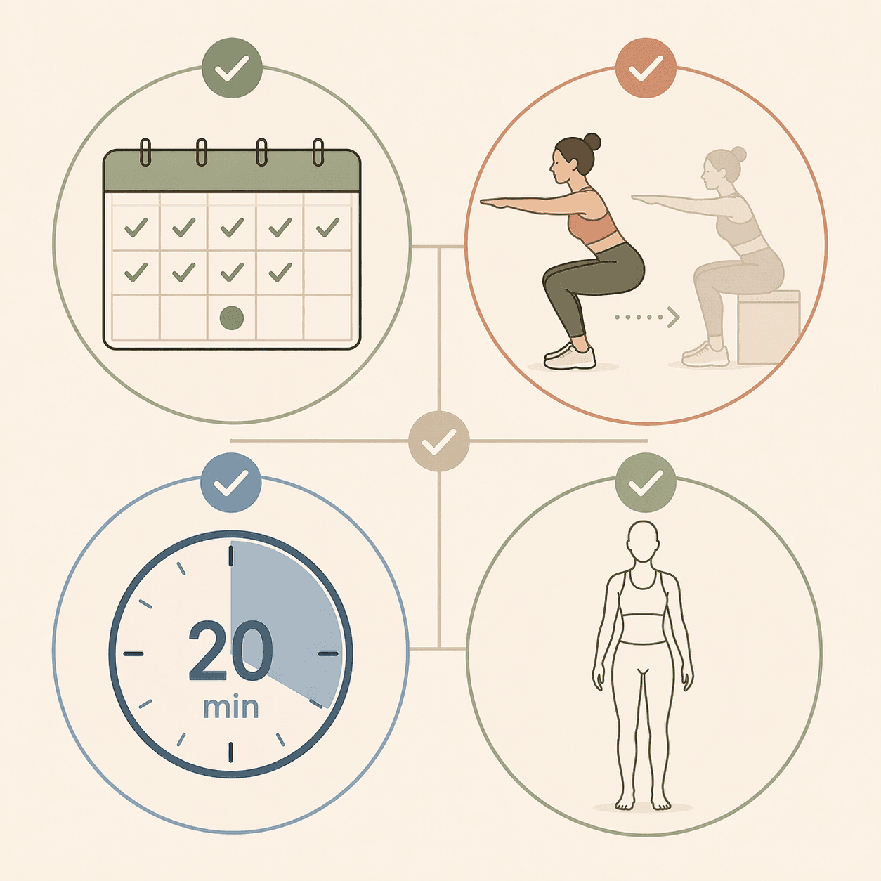 Four icons showing structured progression, form modifications, short sessions, and bodyweight-first workouts