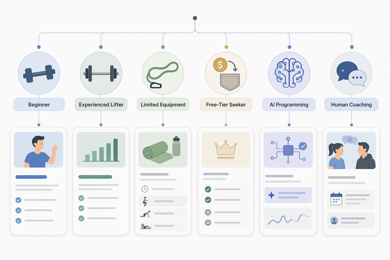Decision-flow illustration showing user lanes for beginners, experienced lifters, limited equipment users, free-tier seekers, AI programming users, and human coaching buyers