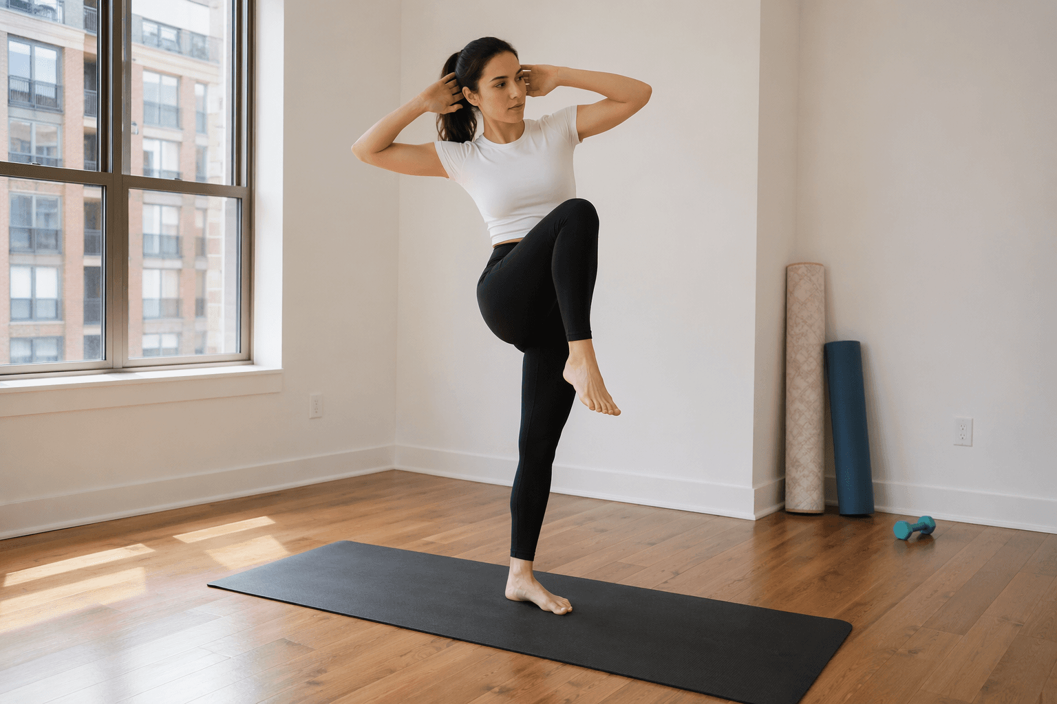 A woman in black leggings and a white top performs a standing oblique crunch on an exercise mat in a bright living room with hardwood floors. An adjacent apartment building is visible through the window, and a rolled rug and small dumbbell are stored against the wall.