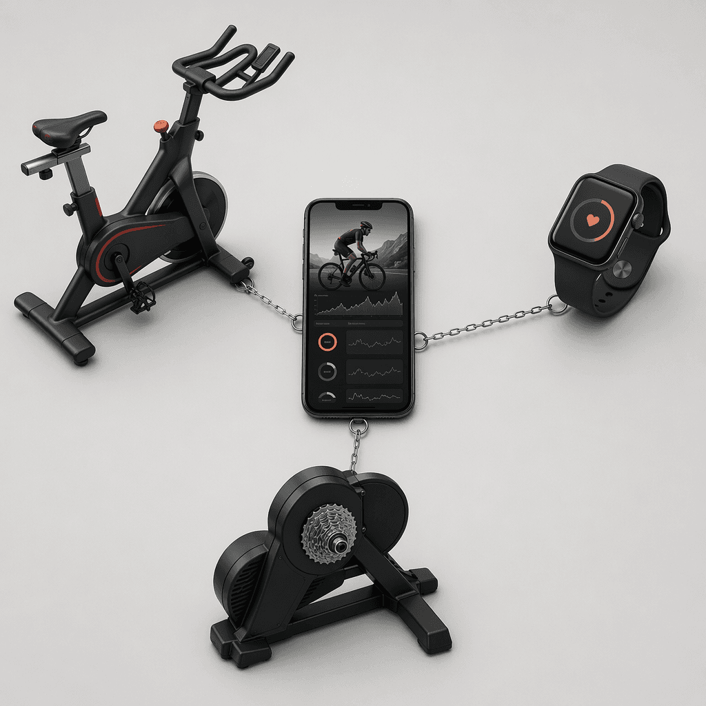 Fitness app connected to an exercise bike, smartwatch, and cycling smart trainer