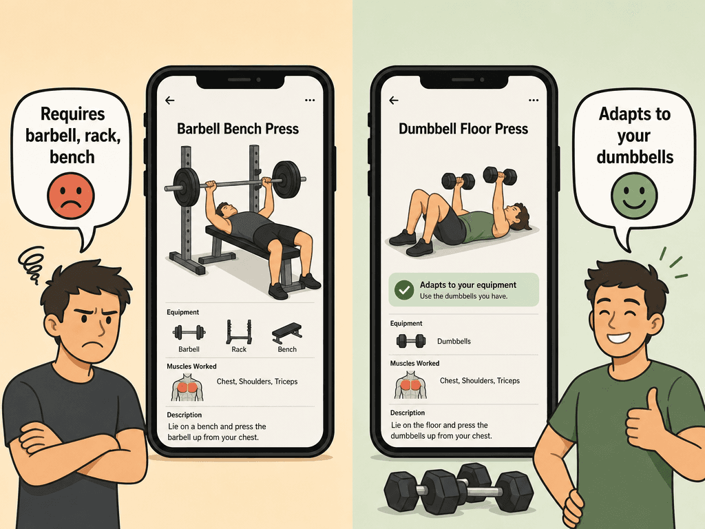 Side-by-side comparison illustration with two smartphone screens: left side shows a barbell bench press exercise with text 'Requires barbell, rack, bench' and a frustrated face, right side shows a dumbbell floor press exercise with text 'Adapts to your dumbbells' and a content face, contrasting apps that ignore user equipment versus apps that adapt