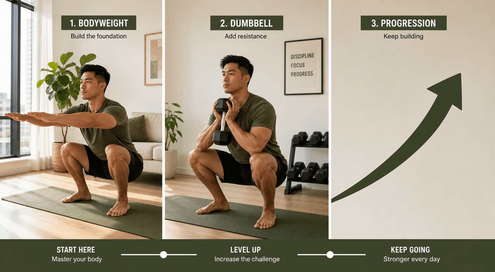 Split composition showing a person doing a bodyweight squat in a living room, the same person in a goblet squat with a dumbbell, and a progression arrow bridging the two scenes.