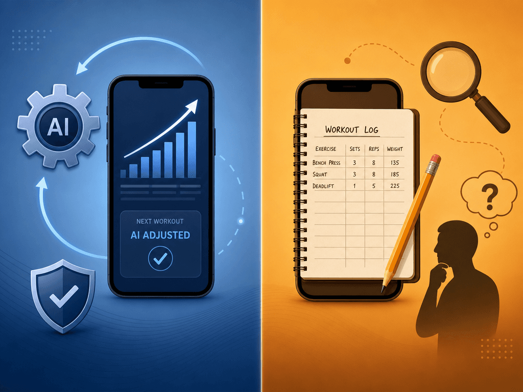 Editorial illustration split into two halves: cool blue left side titled 'Automated Progression' with a phone showing a graph and gear icon, warm amber right side titled 'Manual Tracking' with a phone showing a notebook and magnifying glass.