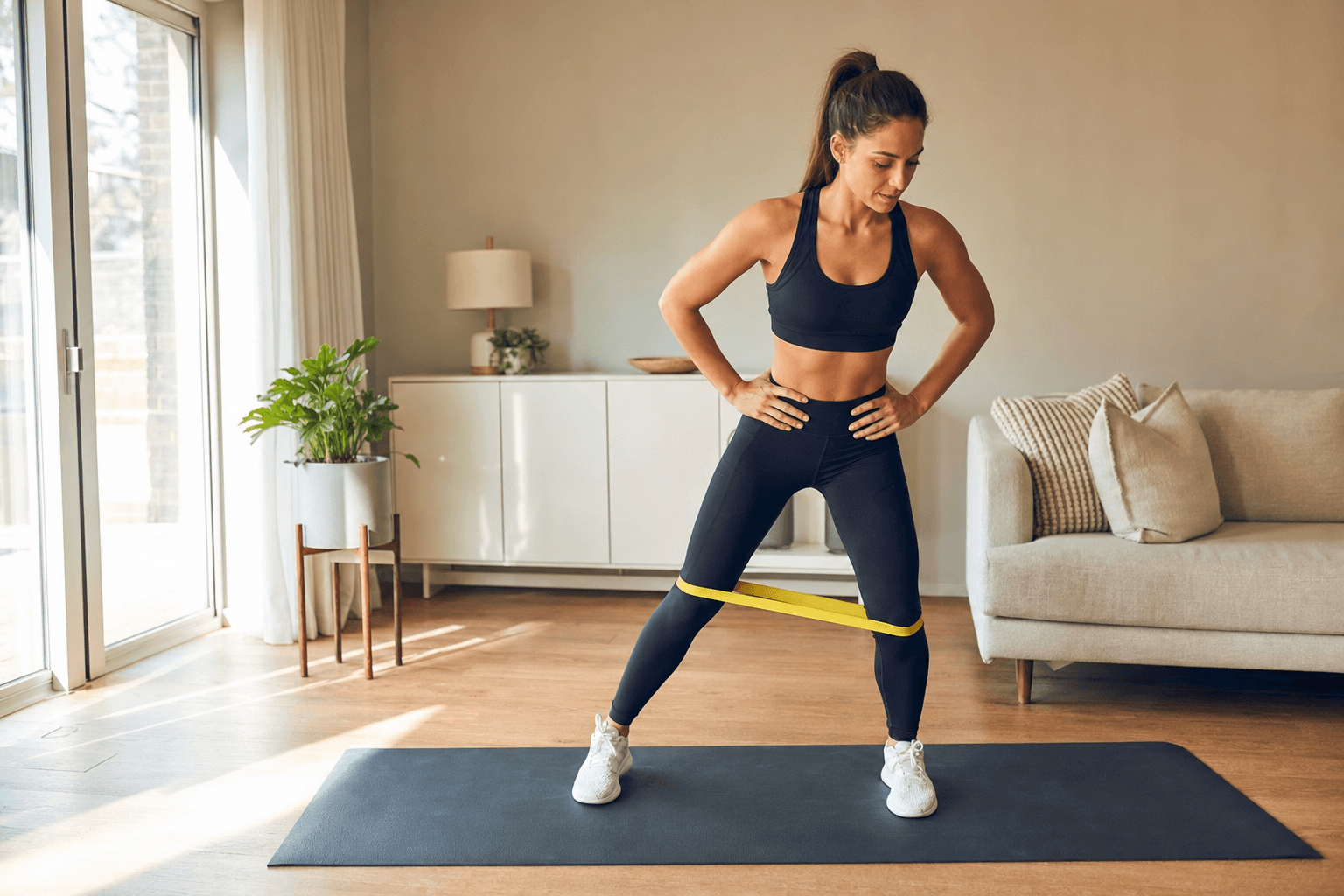 A person in athletic wear standing on a yoga mat performing a resistance band lateral walk, in a slight squat with the band around the ankles.