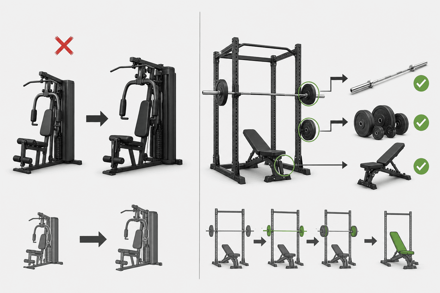 Side-by-side upgrade path comparison on a muted gray background: left panel shows one all-in-one machine with a red X and arrow pointing to a larger replacement machine representing full unit replacement; right panel shows a power rack with individual components highlighted, with arrows indicating separate upgrades for the barbell, weight plates, and bench.