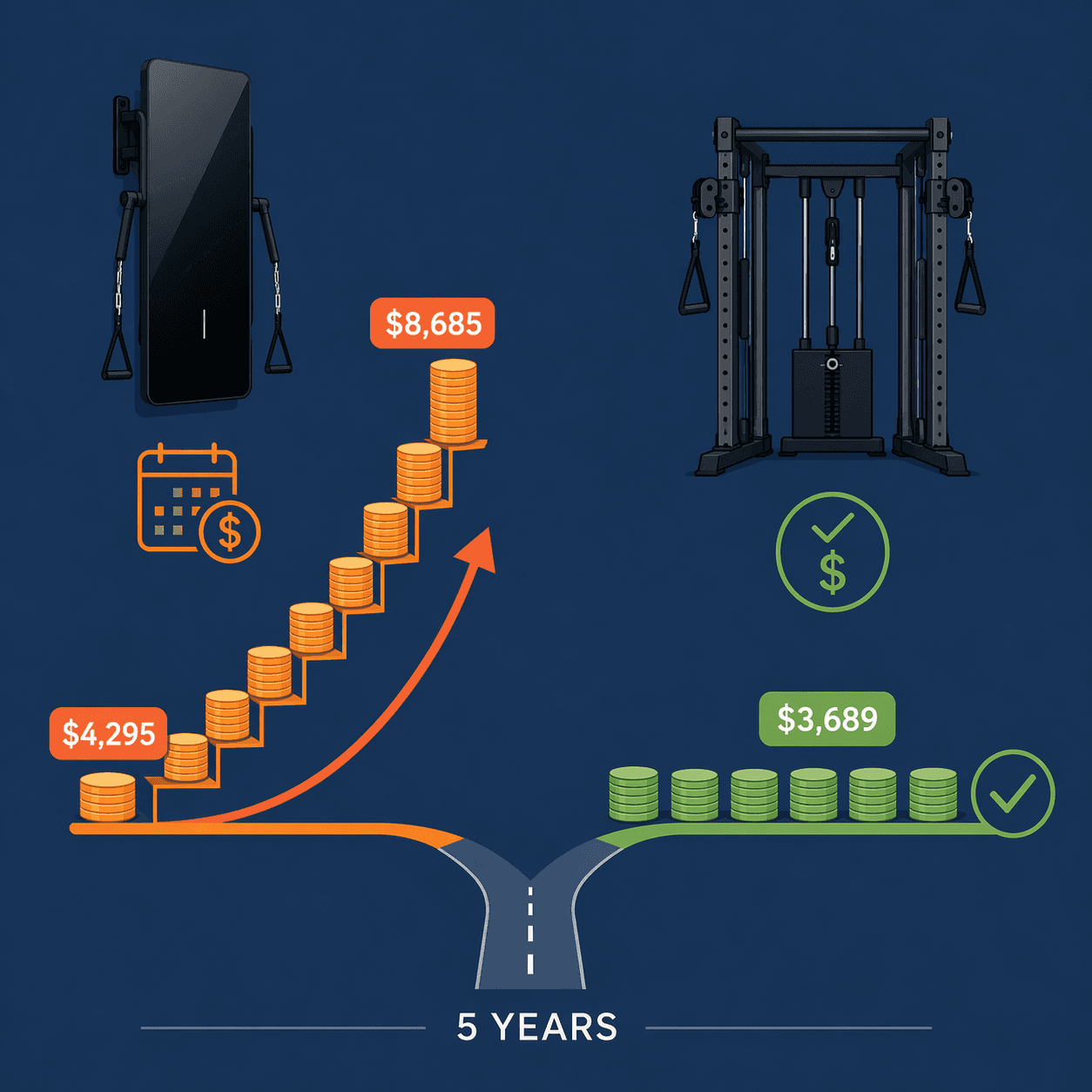A flat vector illustration comparing two home gym cost paths over five years. Left side shows a smart gym silhouette with recurring monthly fee icon, coins climbing upward with red arrow. Right side shows a compact functional trainer silhouette with one-time payment checkmark, flat level line of coins staying constant with green checkmark.