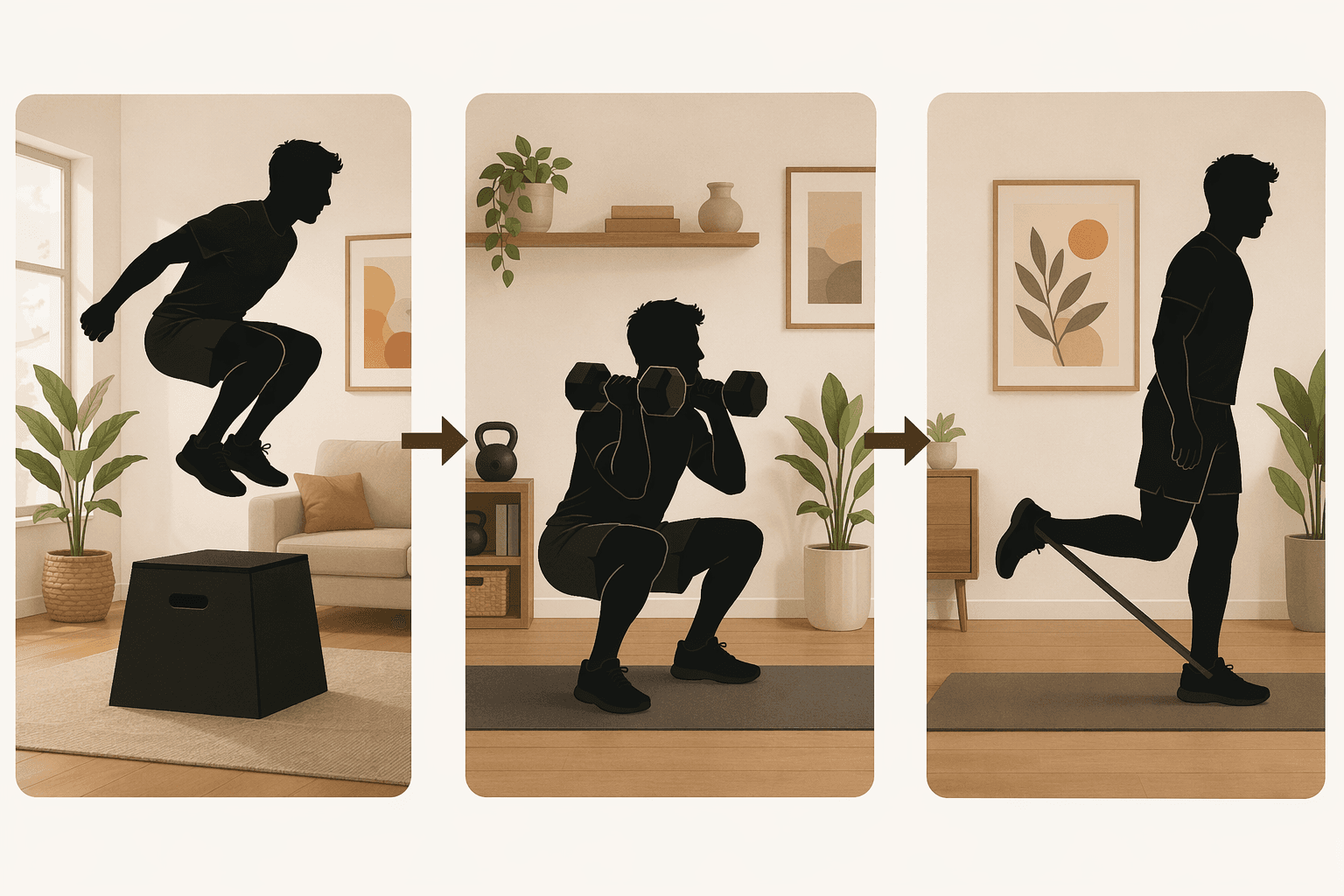 Three-panel flow illustration showing an explosive jump squat, a weighted squat, and a single-leg lunge connected by arrows.