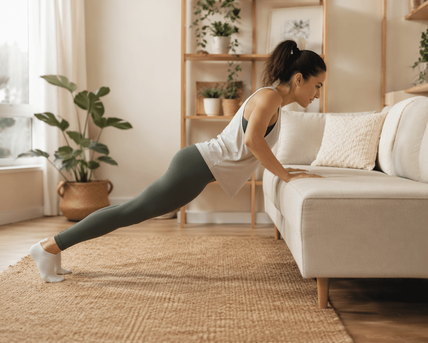 Person performing incline push-ups against a sofa in a living room