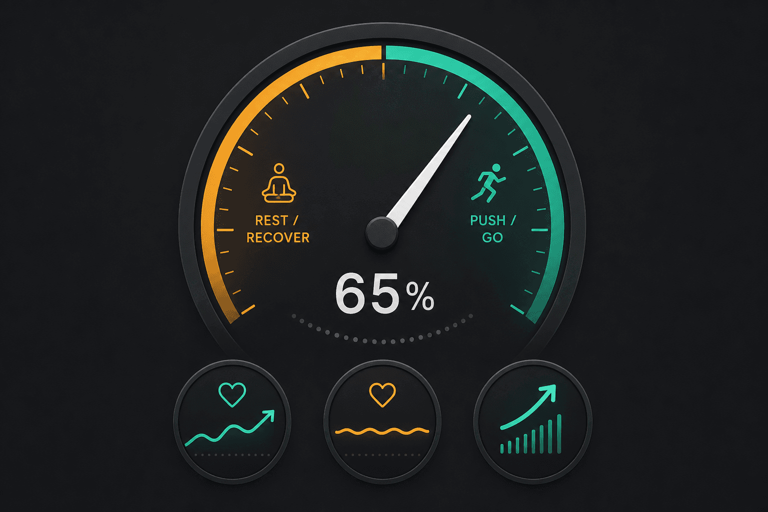 A circular gauge dial showing a readiness score at 65 percent, with a green 'push' zone and an amber 'rest' zone.