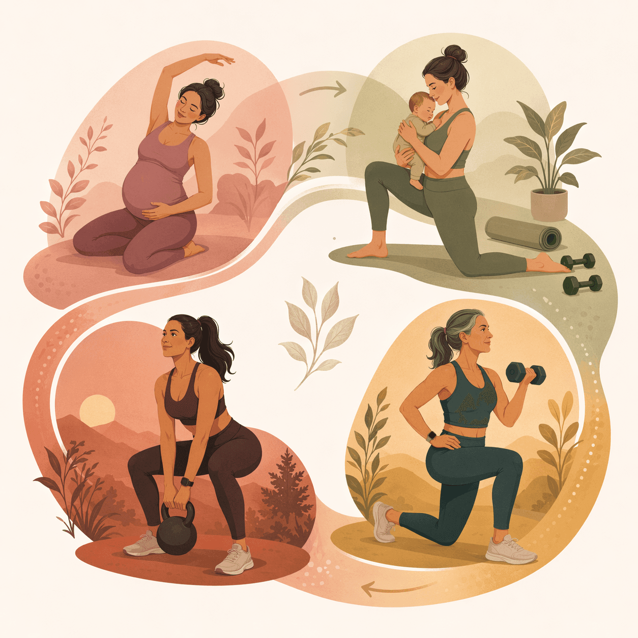 Editorial illustration of a woman's fitness journey through pregnancy, postpartum recovery, perimenopause, and general strength