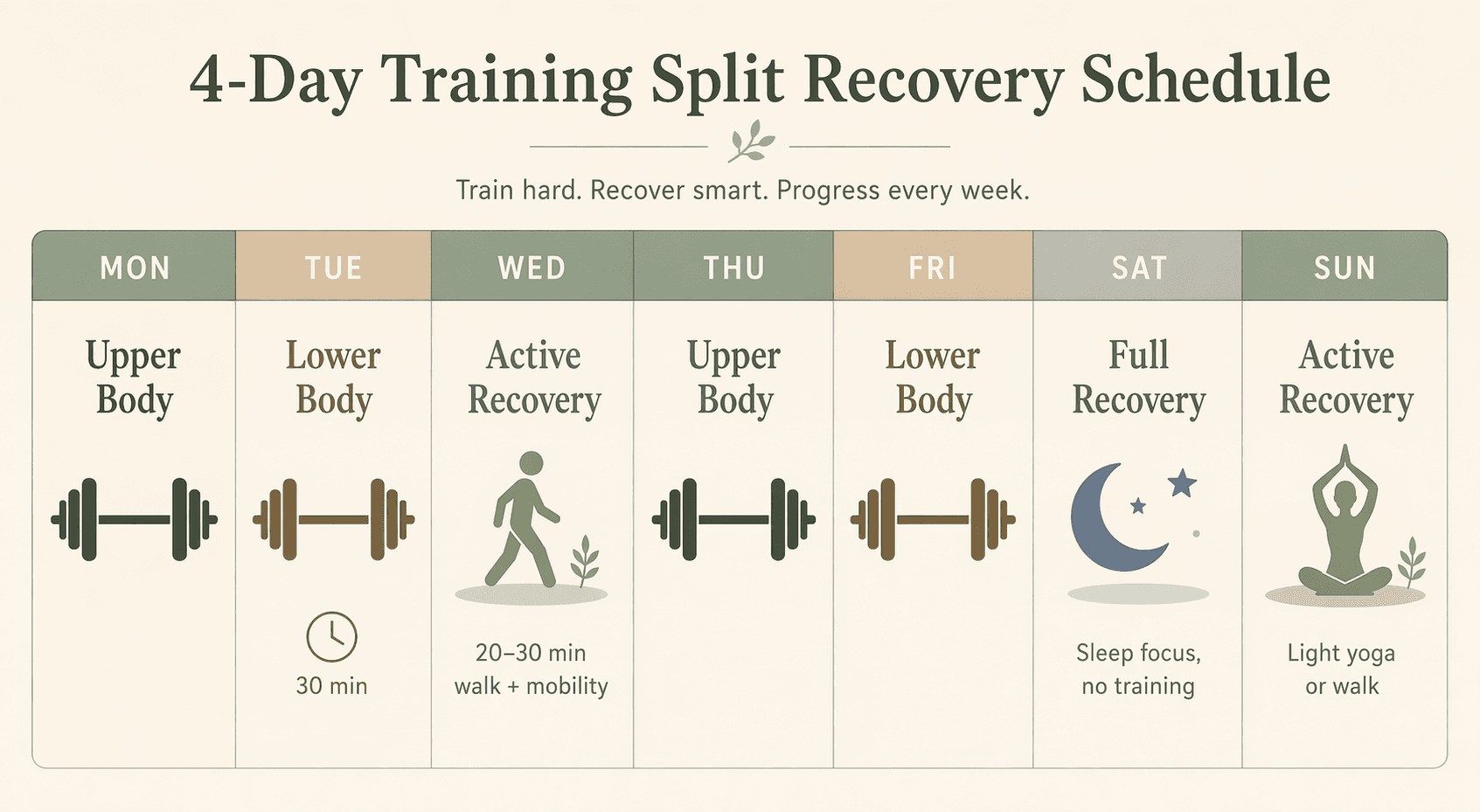 Weekly calendar grid for a 4-day training split showing upper/lower body days, active recovery, and full recovery days.
