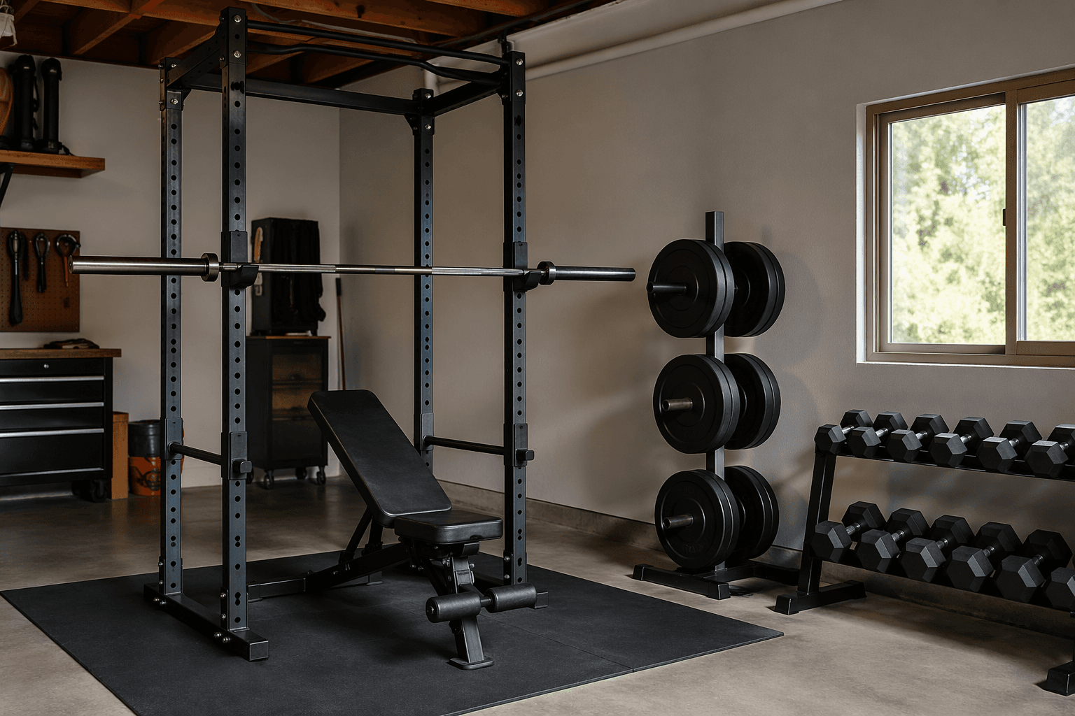 A home gym setup with separate equipment: black power rack, barbell on J-hooks, adjustable bench underneath, bumper plates on a tree, dumbbells on a stand in a bright garage.