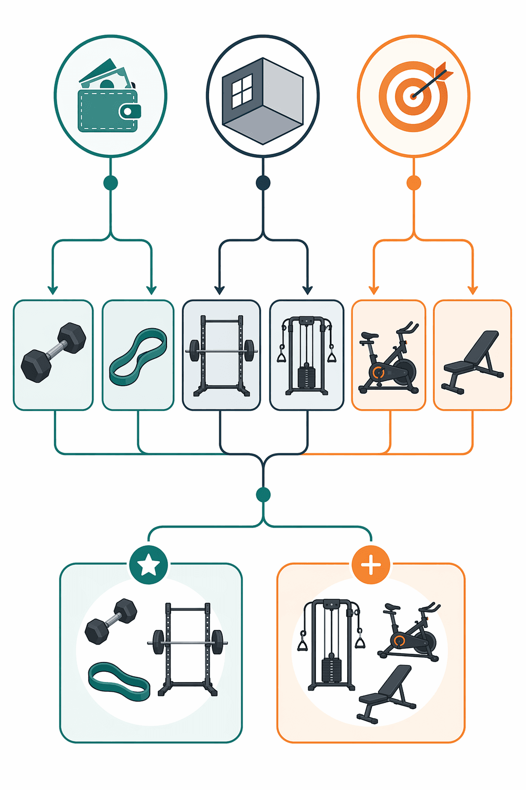 A clean editorial decision flowchart illustration starting with three branching input nodes for Budget, Space, and Training Goal, leading through equipment category pictograms (dumbbell, barbell rack, resistance band, cable machine, cardio bike, bench), and converging at a phased buying approach showing Phase 1 Essentials and Phase 2 Additions, in slate gray, teal, and warm orange on a white background.