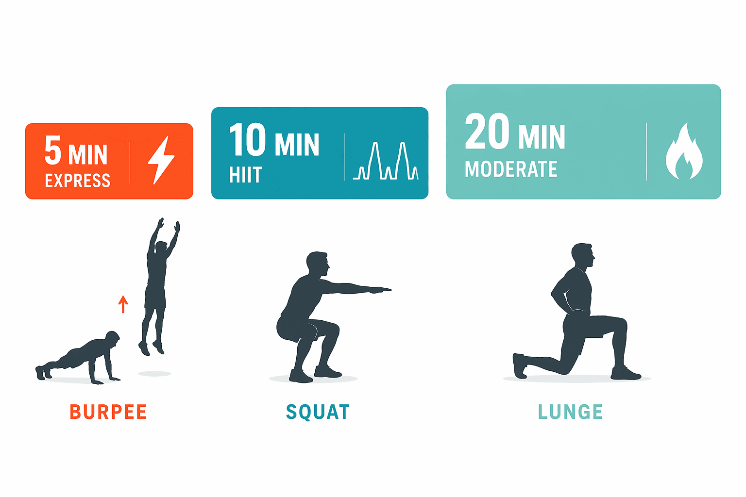 Comparison graphic showing 5-minute express, 10-minute HIIT, and 20-minute moderate cardio options