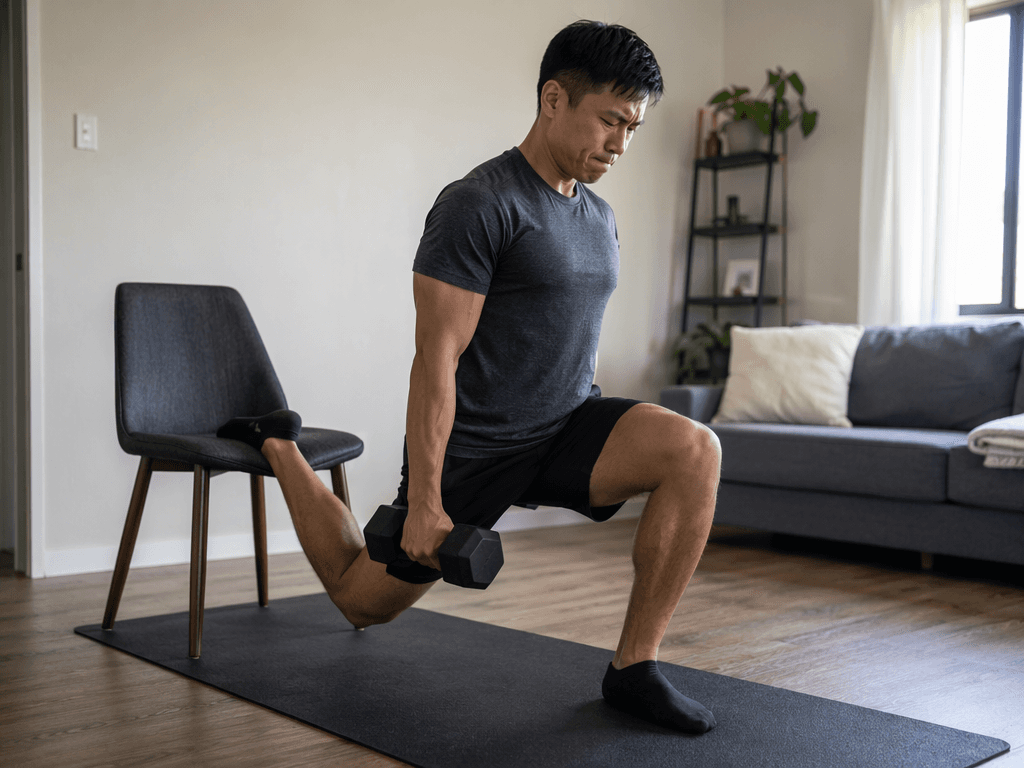 Person performing a dumbbell Bulgarian split squat in a living room with a chair behind them