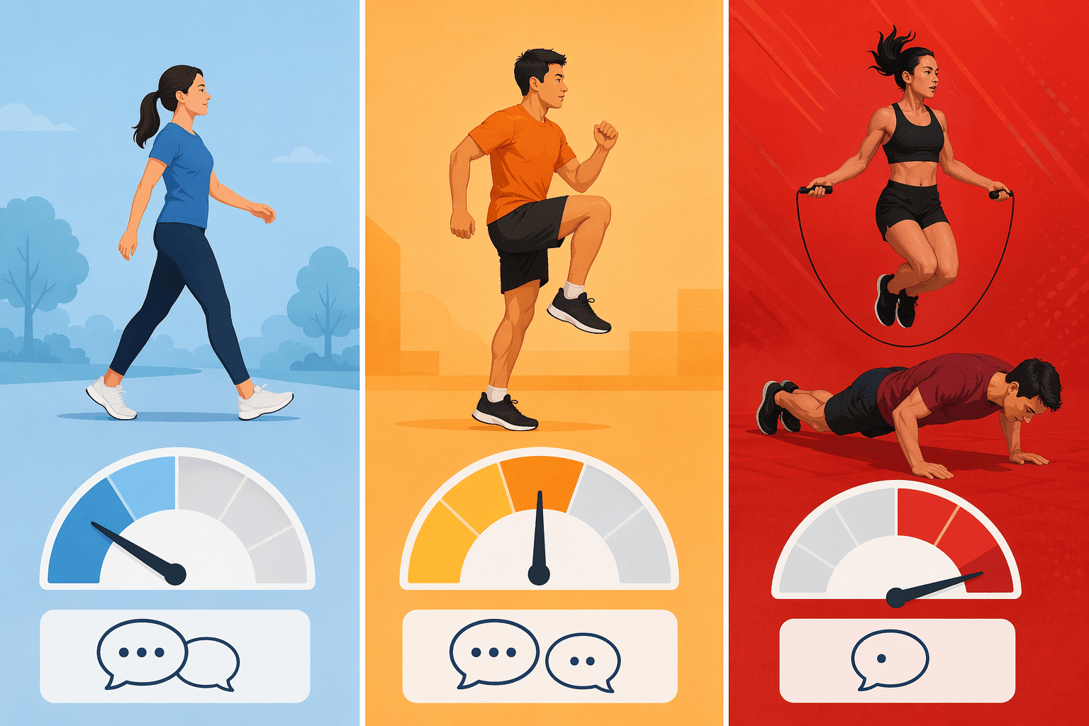 Three cardio intensity zones showing RPE and talk test cues