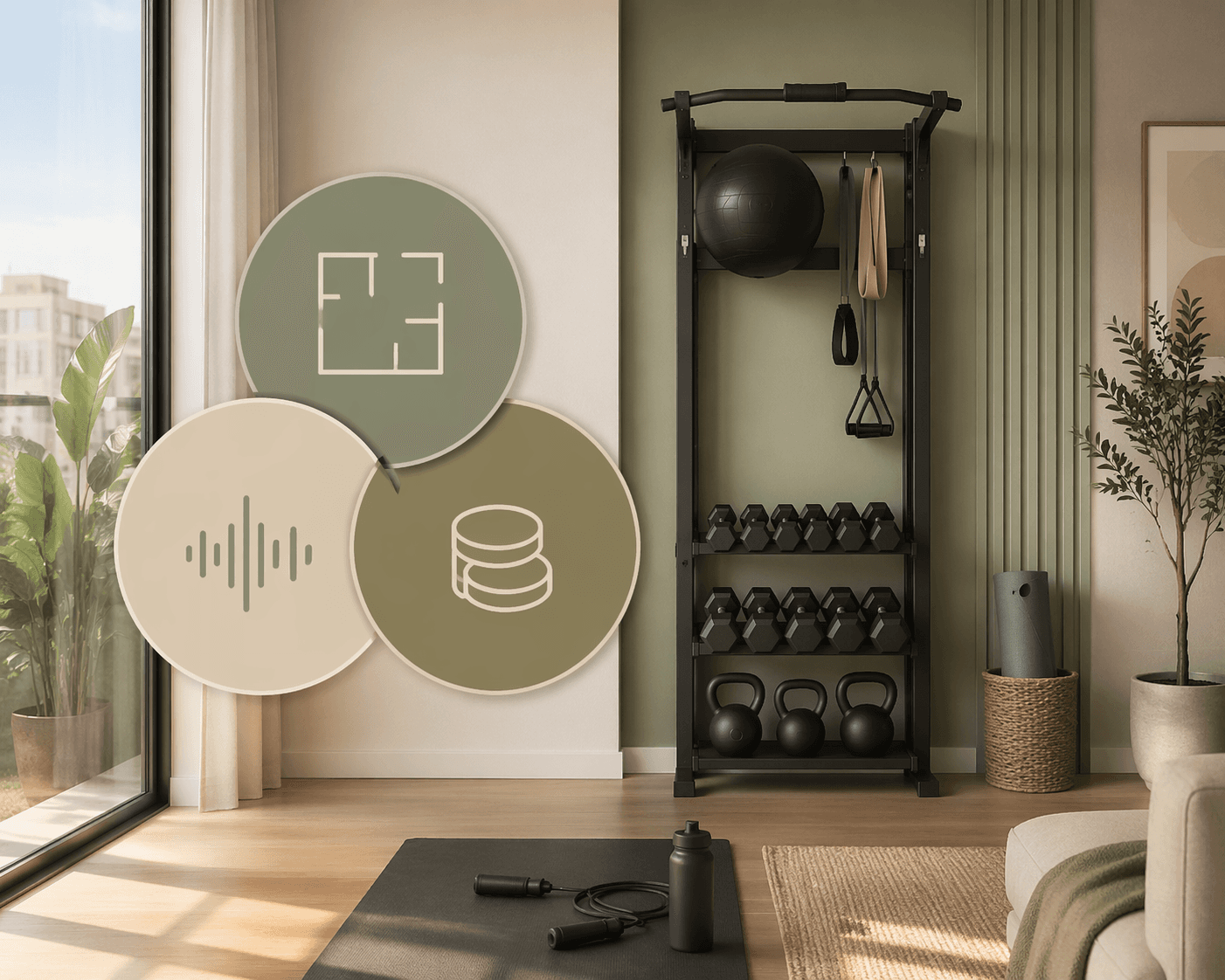 Modern apartment corner with compact home gym setup and visual icons for space, noise, and budget