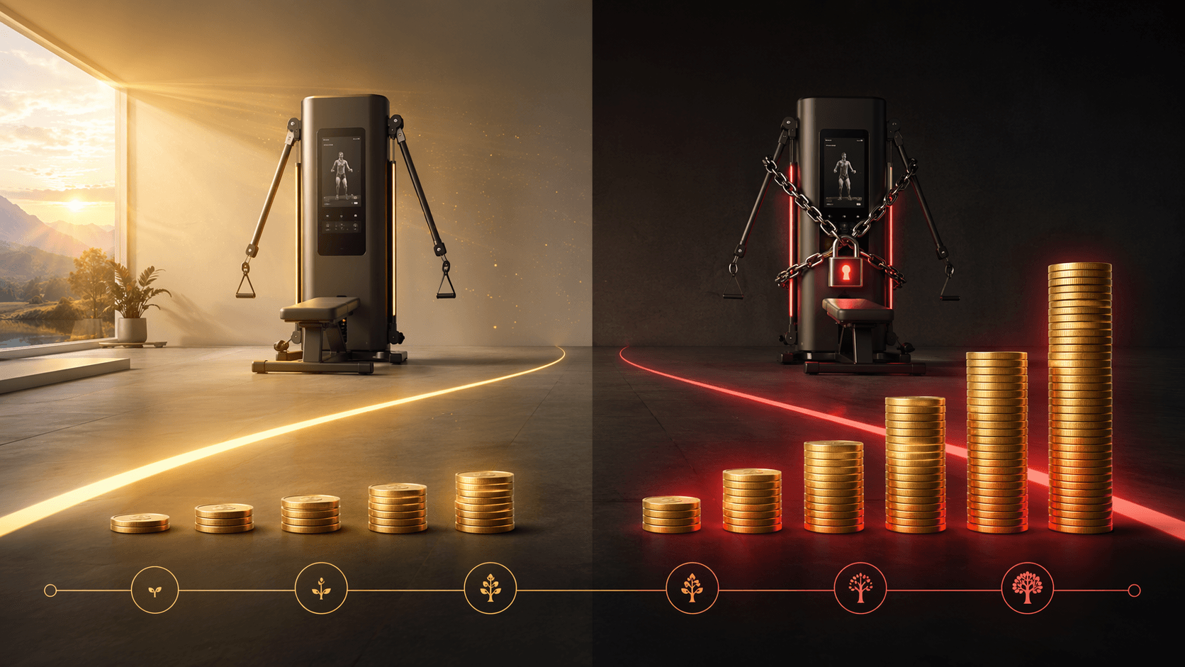 Side-by-side comparison of subscription-free and subscription-locked smart gym ownership costs