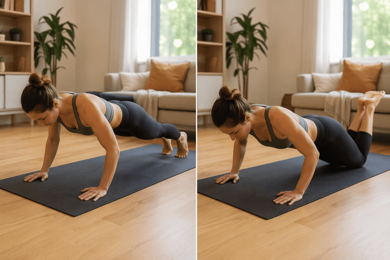 A standard push-up compared with a modified knee push-up on a yoga mat