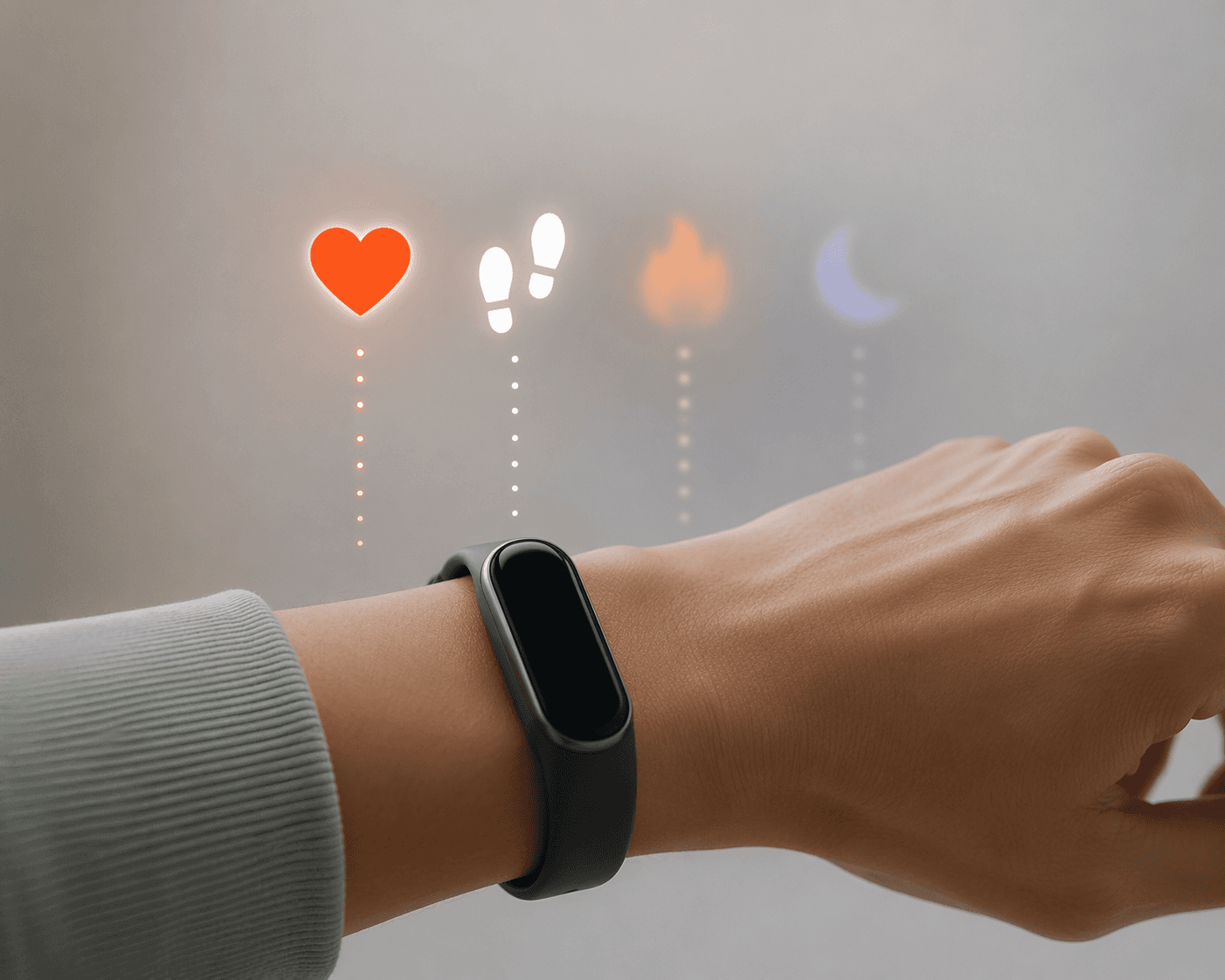 Fitness tracker showing clear heart and step data beside blurred calorie and sleep icons