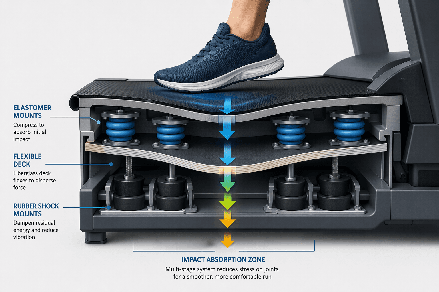 A cutaway cross-section illustration of a treadmill deck showing a runner's foot striking the belt surface, with labeled elastomer compression springs, rubber shock mounts, and a flexible deck board bending under load.