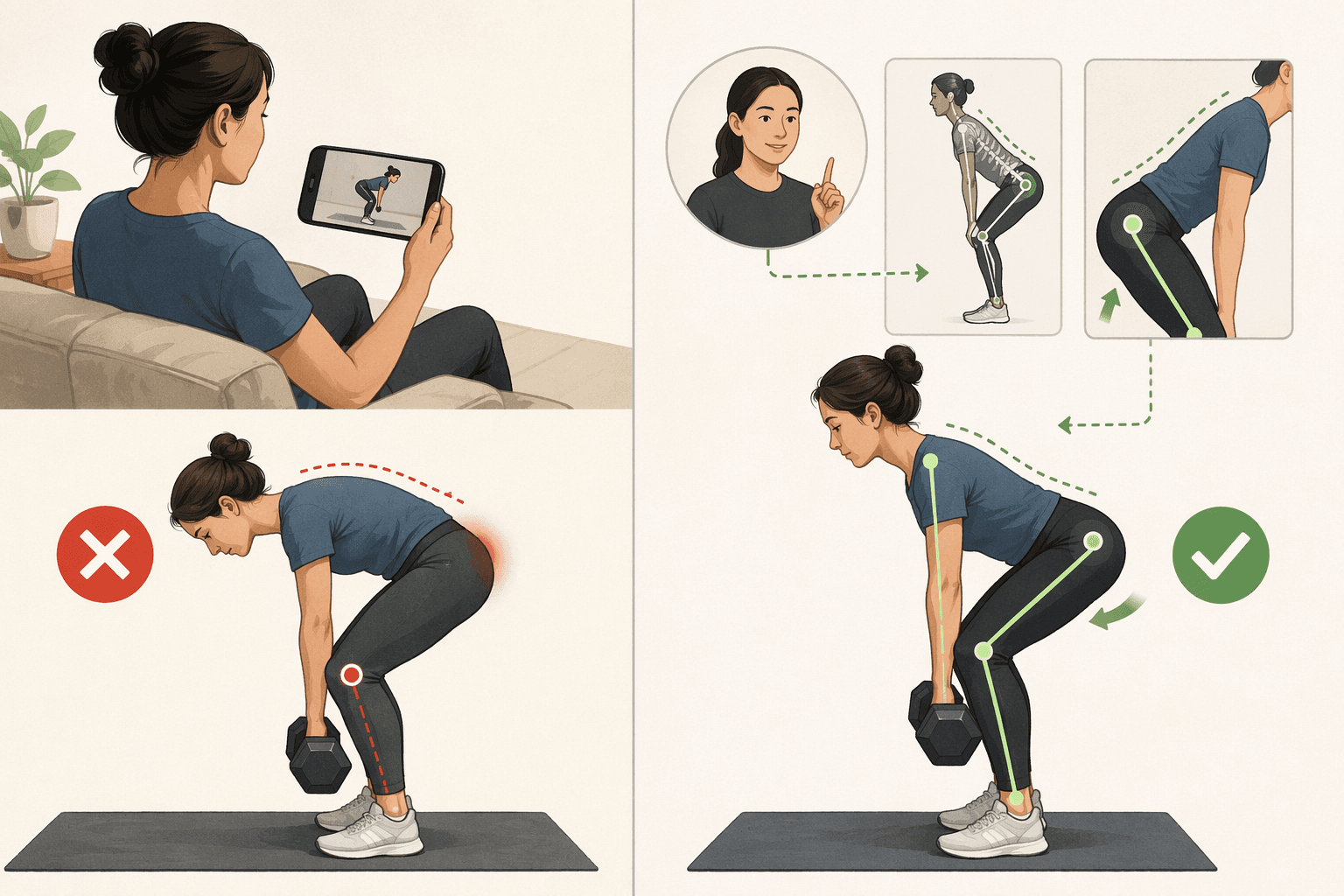 Split illustration contrasting passive exercise video watching with feedback-based form correction