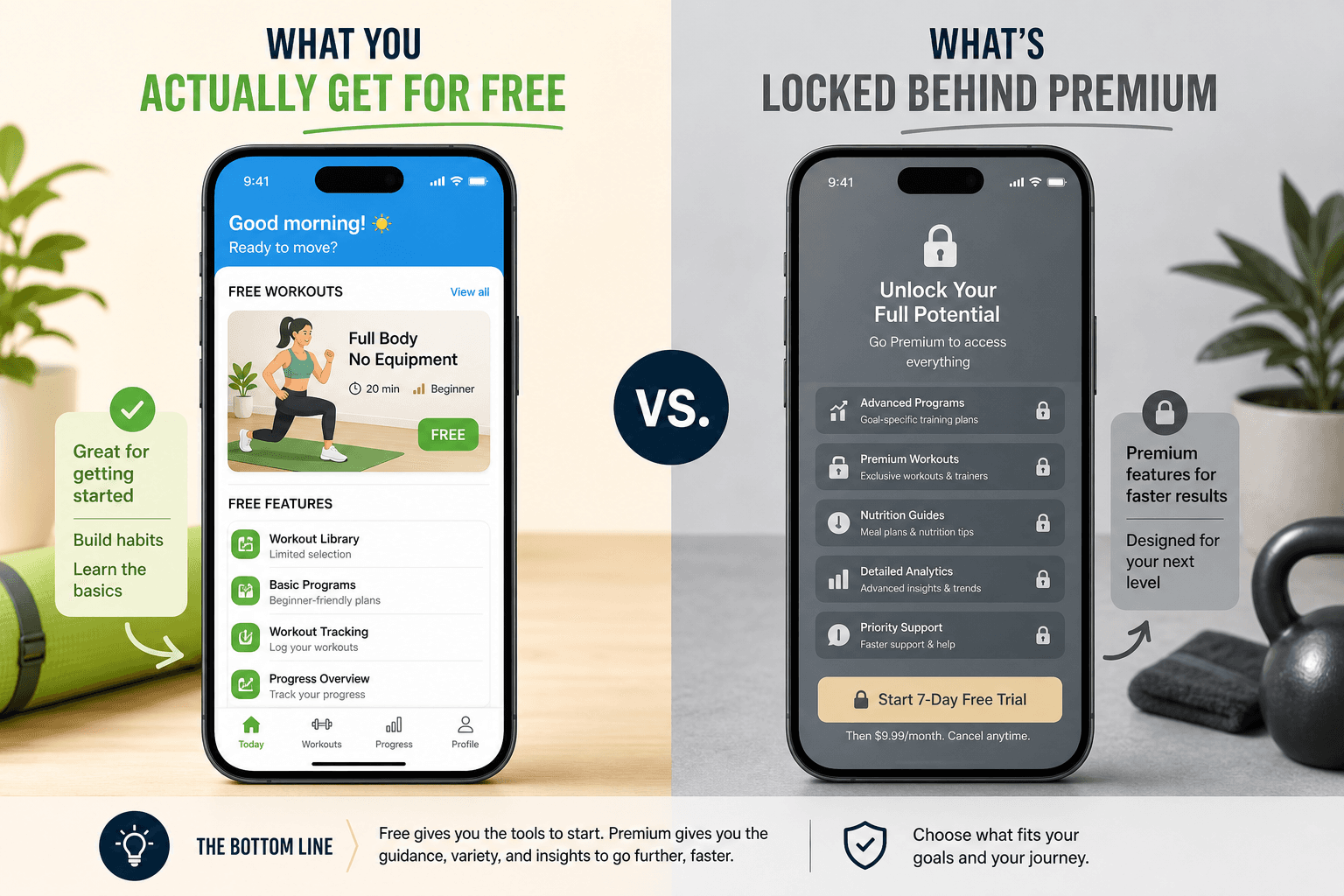 Split-screen illustration of a smartphone showing a free fitness app workout interface on the left and a subscription upsell screen with a lock icon on the right.