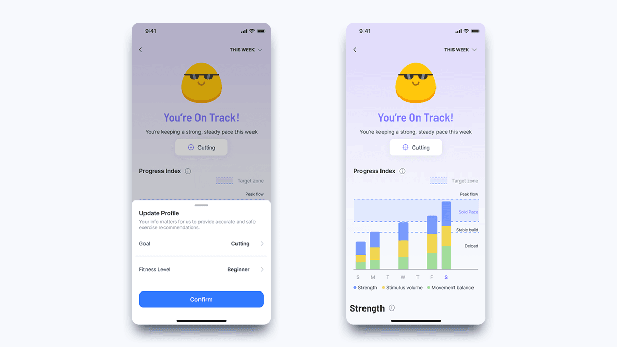 JEFIT app dashboard showing the North Star Progress Index (NSPI) with a large circular weekly training score, progress bars for volume, movement balance, and consistency metrics, and weekly workout summary data below.