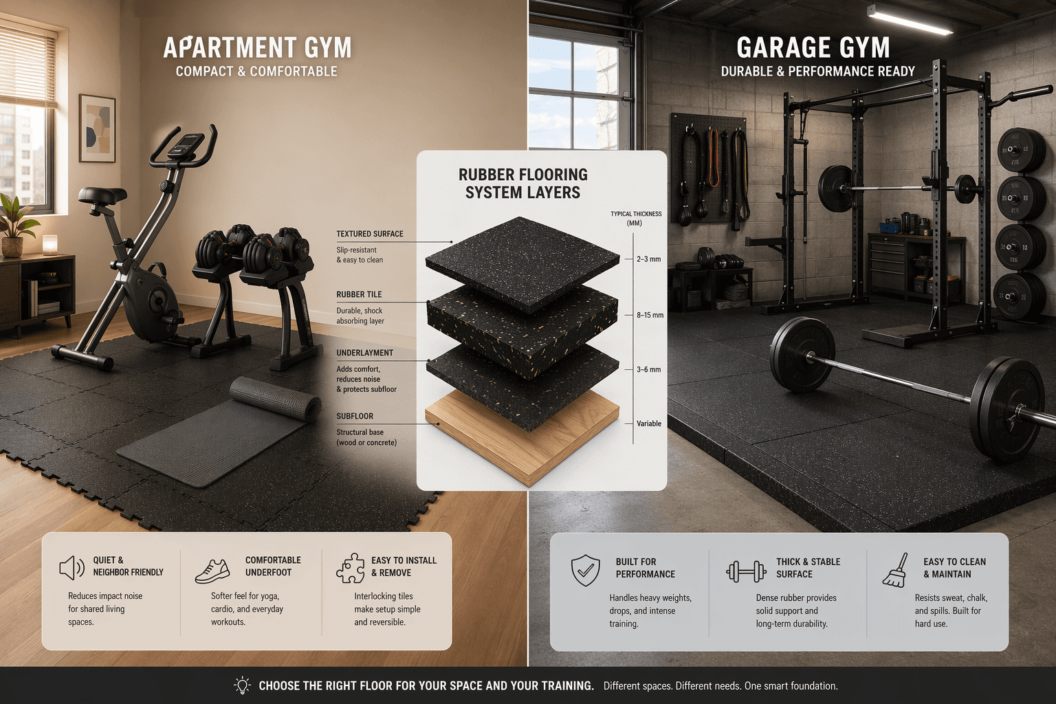 Split scene showing an apartment home gym with interlocking rubber tiles on a wood subfloor, foldable bike, dumbbells, and a yoga mat, contrasted with a garage gym using thick horse stall mats, barbell, and power rack. A central cross-section diagram illustrates flooring layers with a mm thickness scale.