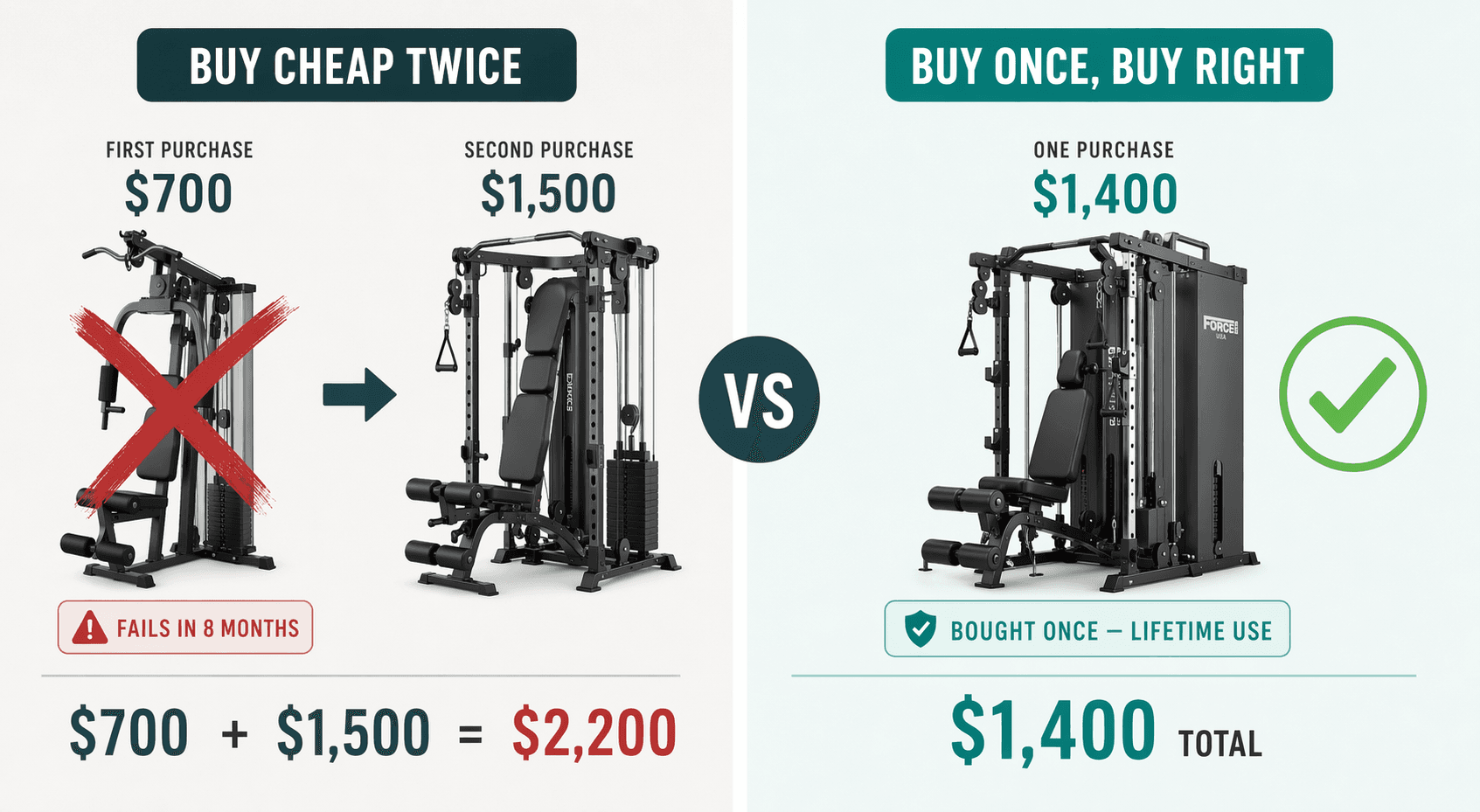 Split-screen comparison showing 'buy cheap twice' concept: left side $700 machine with red X labeled 'fails in 8 months' leading to $1,500 replacement, equation $700+$1,500=$2,200; right side $1,400 machine with green checkmark labeled 'bought once, lifetime use', $1,400 total, centered 'vs' divider in neutral and teal tones.