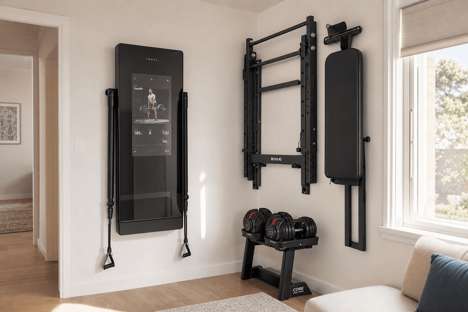 A bright apartment corner with two gym setups side by side: a sleek black smart mirror gym mounted flush on the left wall, and a folded metal squat rack on the right wall with a compact bench stored vertically and adjustable dumbbells on a stand beneath it, all within an 8x8 foot space with natural light from a window