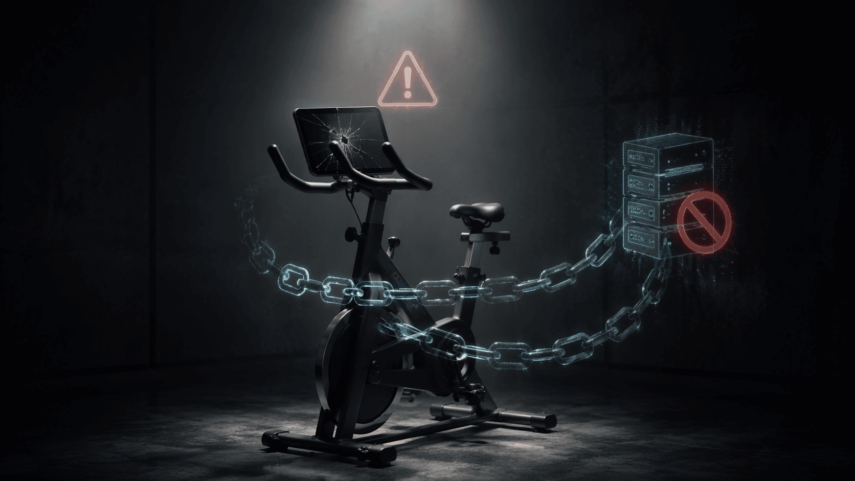 Exercise bike with blank cracked console and server-disconnected warning symbol