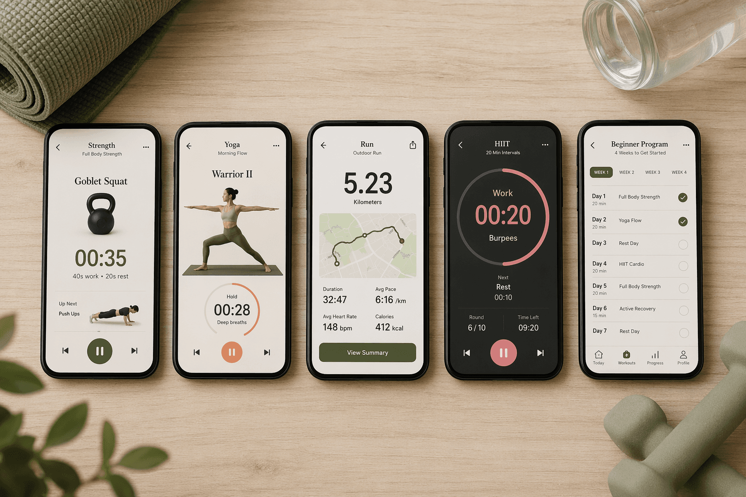 A flat-lay composition showing five smartphones side by side, each displaying a different workout app interface, with a yoga mat, water bottle, and small dumbbells in the background.