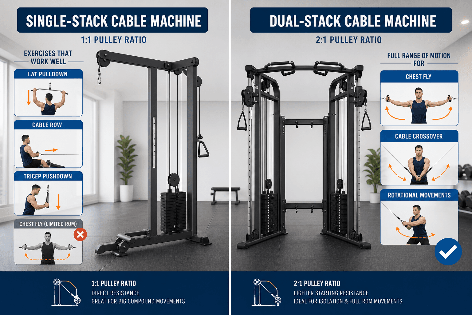 Side-by-side comparison: left side shows a single-stack 1:1 pulley machine with arrows pointing to lat pulldown and cable row (compatible) and an X over a chest fly motion (limited ROM); right side shows a dual-stack 2:1 pulley machine with a checkmark over chest flyes and rotational crossovers (full ROM).