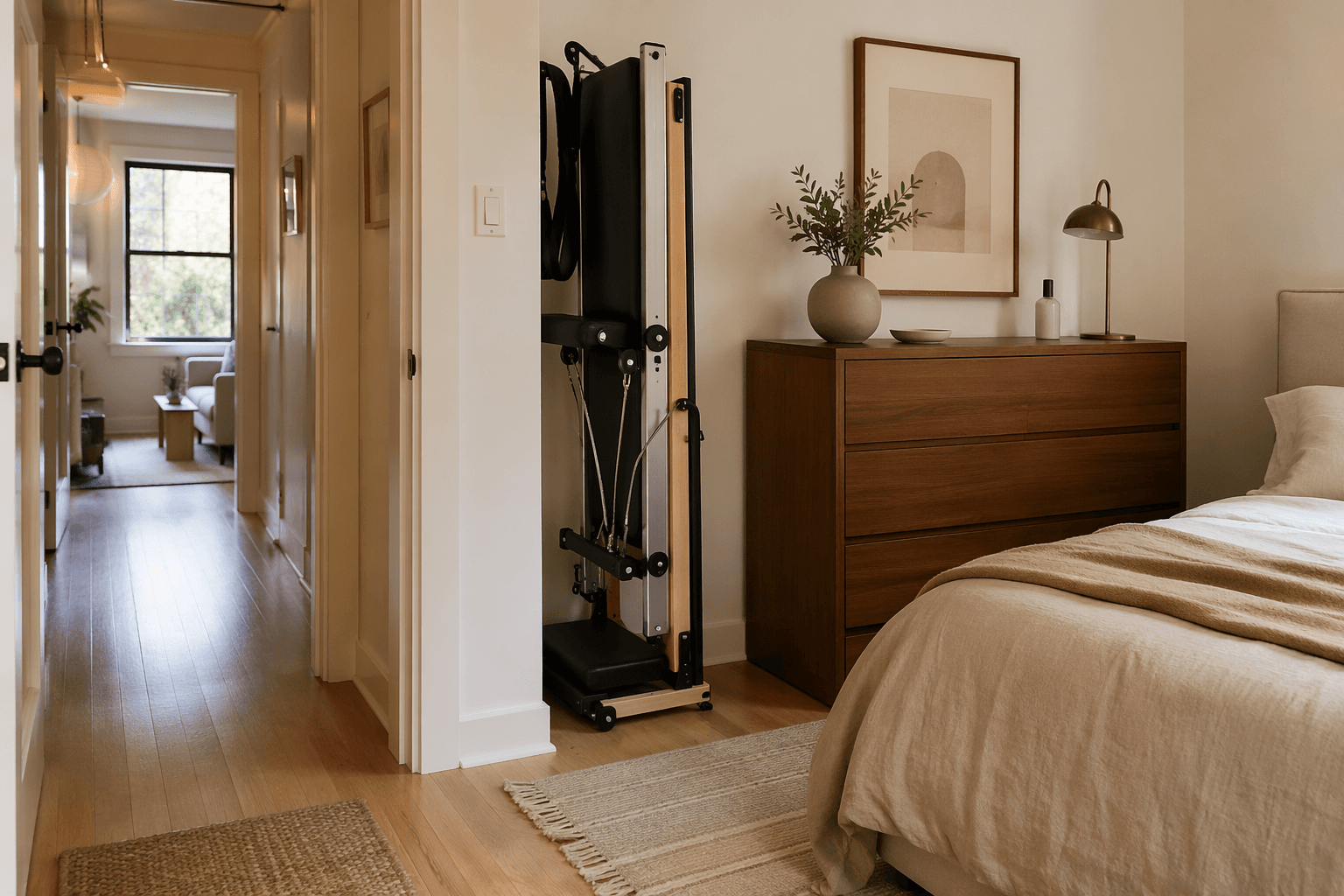 Foldable Pilates reformer stored vertically beside a dresser in a small apartment bedroom